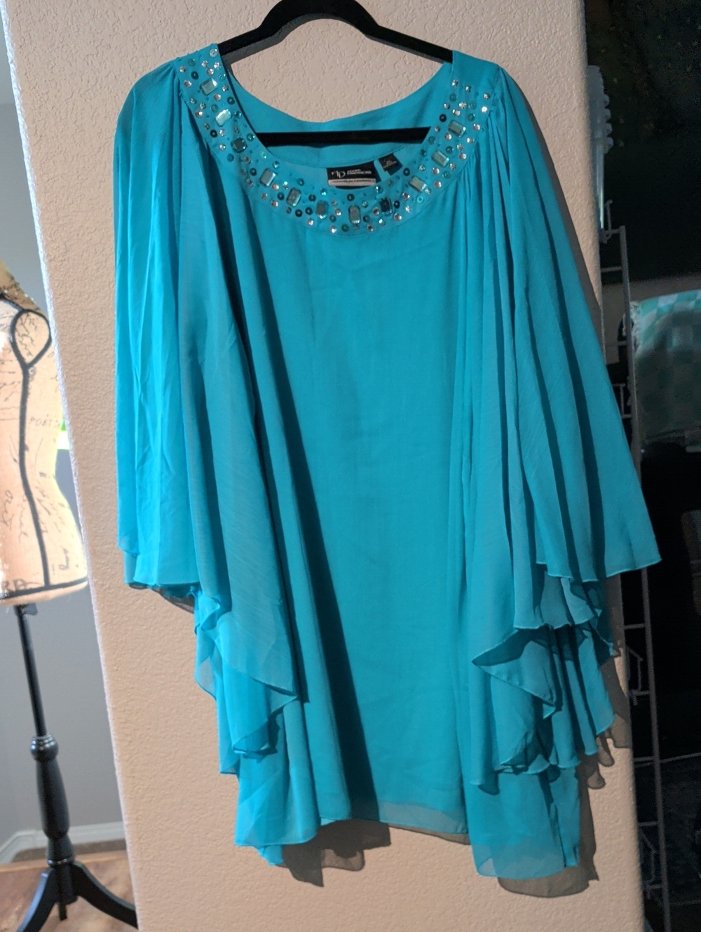 Catherines Turquoise Beaded Scoop Neck Flutter Sleeve Tunic 4X